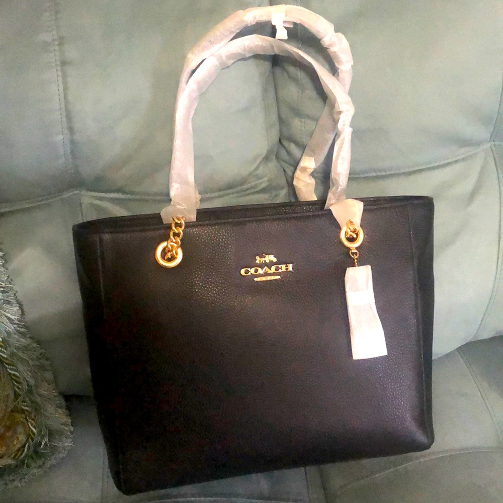BRAND NEW Coach Marlie Tote purse in Black. Gold chain & black leather handles.